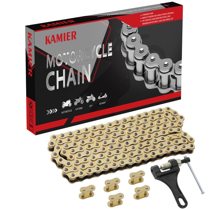 KAMIER 428 Motorcycle Chain 132 Link Gold with Chain Breaker for TTR125 TTR225 Hawk 250 Boom Vader 125 Apollo RFZ TaoTao Coleman 110cc 125cc 150cc Pit Dirt Bike 4 Wheeler ATV Go Kart Heavy Duty Parts - Image 1